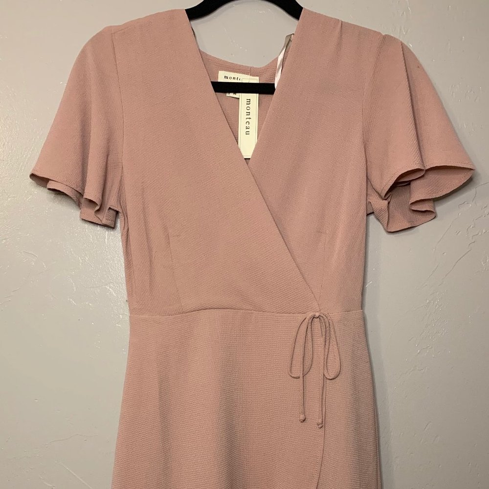 Cream Blush V Neck Mini Wrap Dress Short Sleeve M